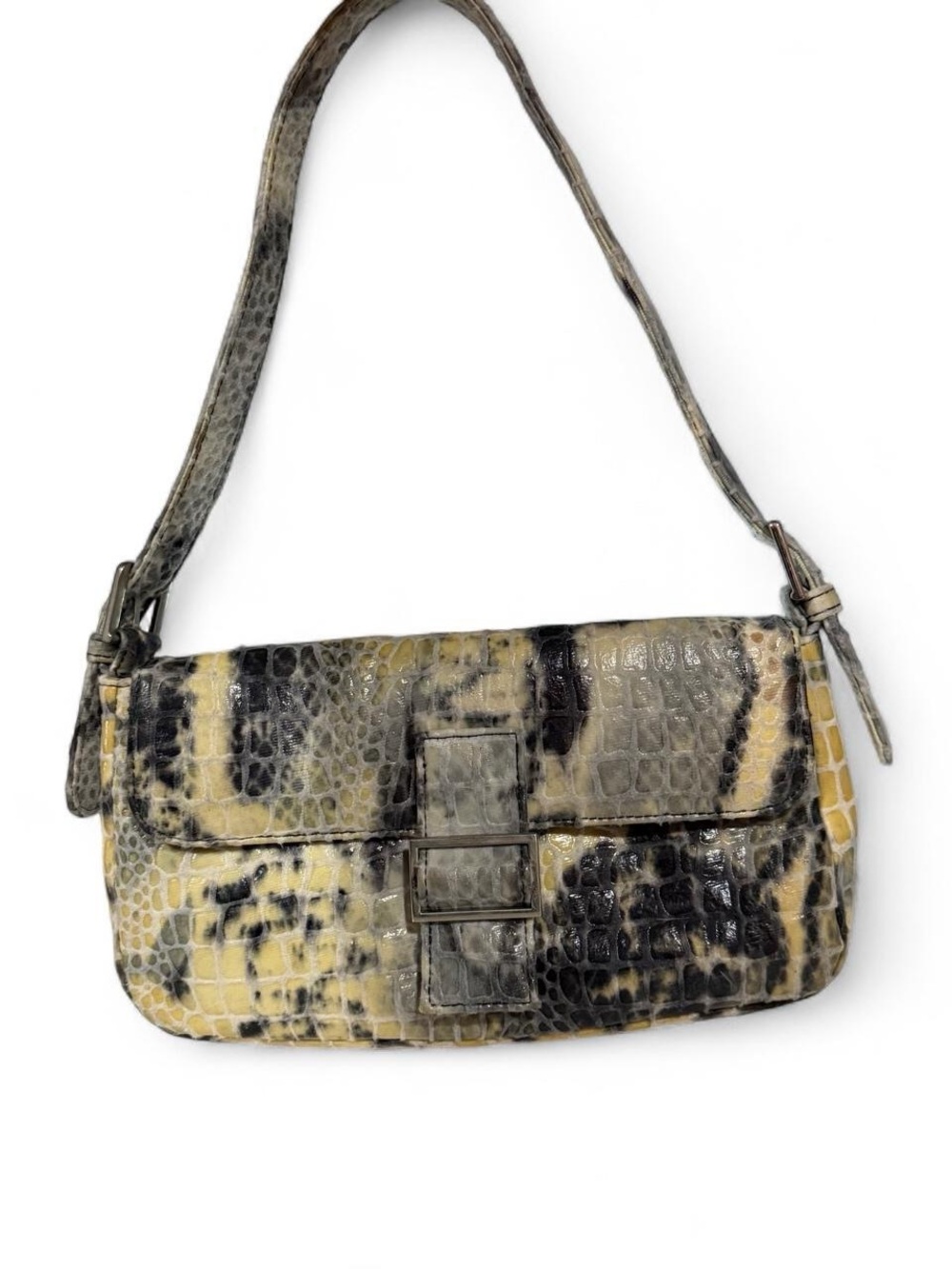 Croc-Embossed Shoulder Bag in Yellow and Gray